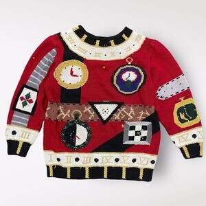 Berek Vintage 1991 Hand knit Clock Pima Cotton‎ Sweater Size S Got Time, Clock